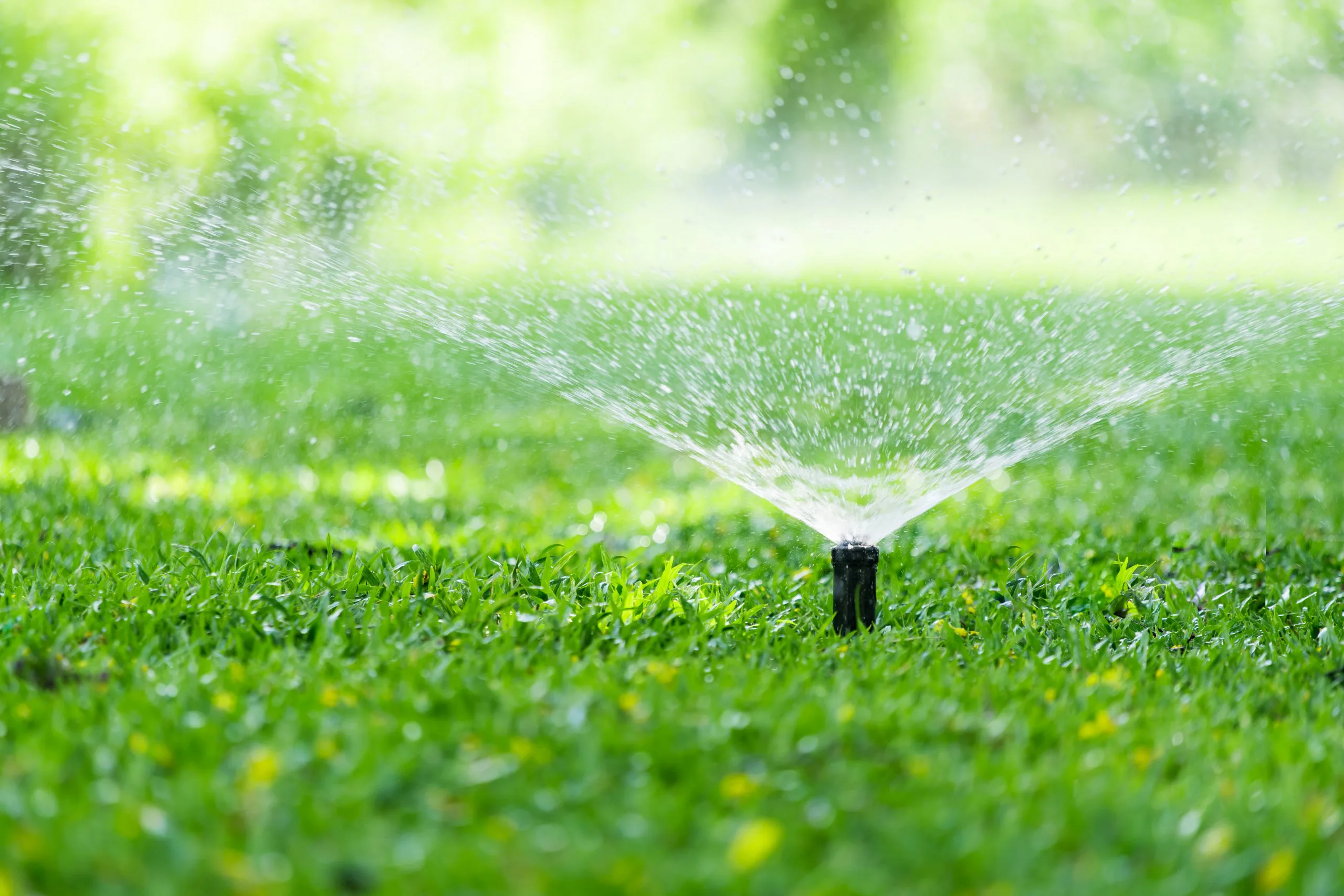 an automatic lawn sprinkler waters the grass